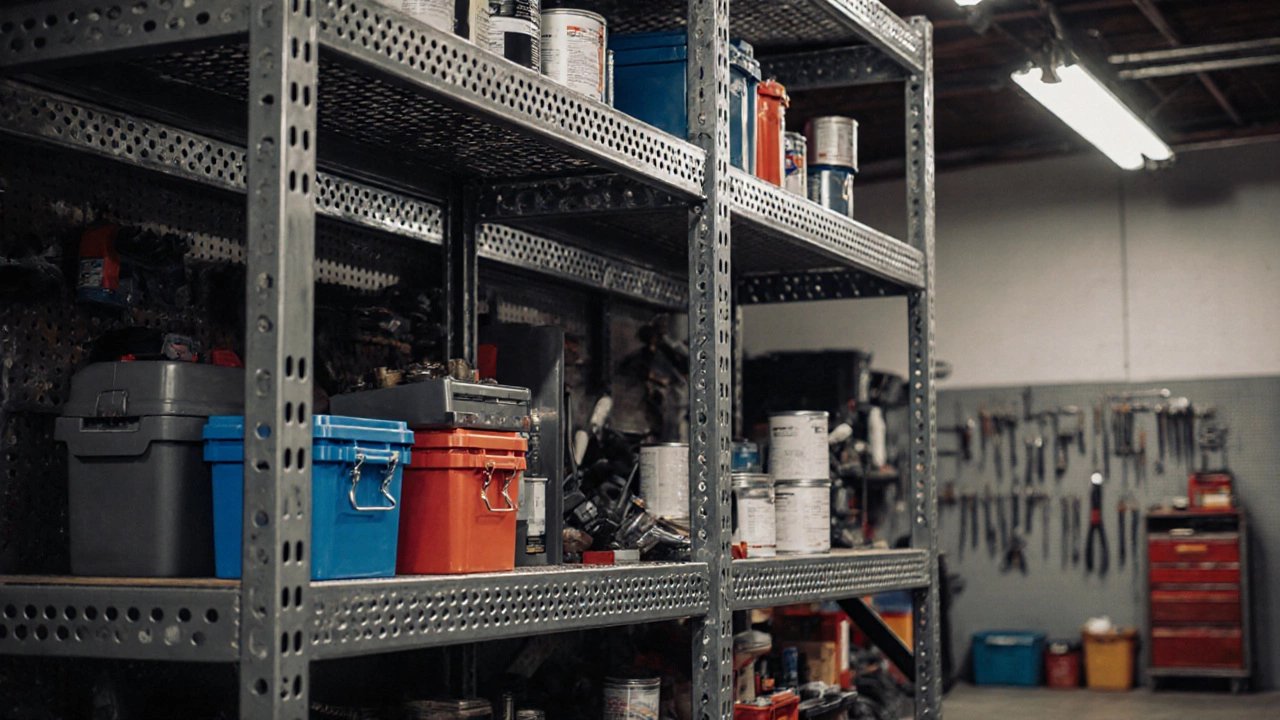 Industrial steel shelving unit in a garage filled with tools and storage bins.