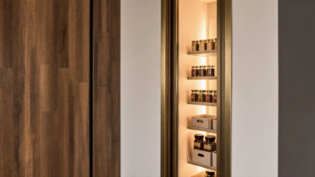 Invisible pantry door glowing softly as it opens to reveal organized storage, with textured cabinetry in background.