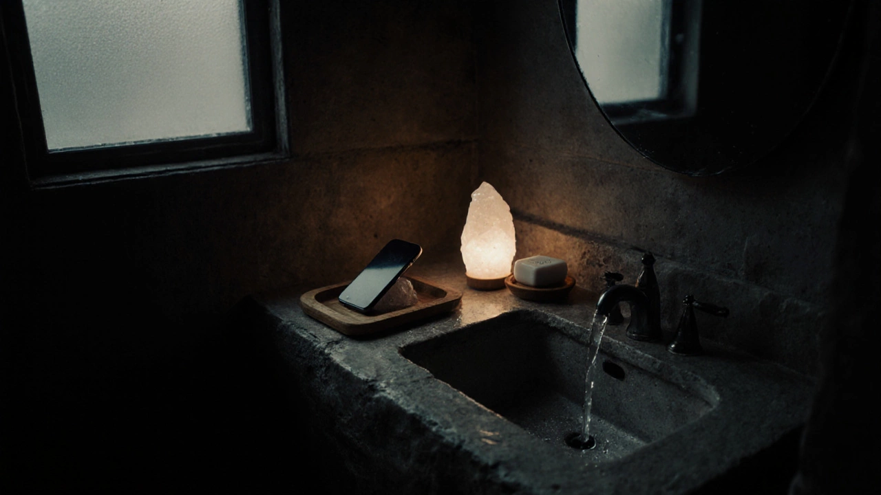 Nighttime zen bathroom lit only by salt lamp and window, empty and peaceful.