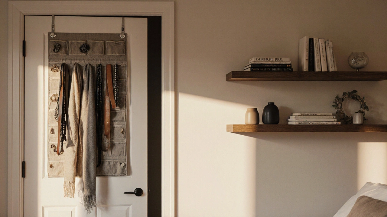 Over-door fabric organizer and corner shelf blending into bedroom decor.