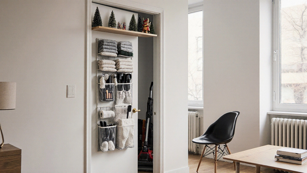 Over-door organizer and upper shelf storing essentials in a clutter-free bedroom