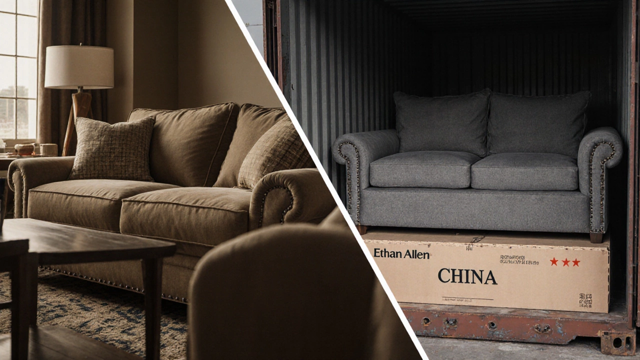 Side-by-side comparison of a durable American-made sofa versus a flimsy imported sofa in shipping.