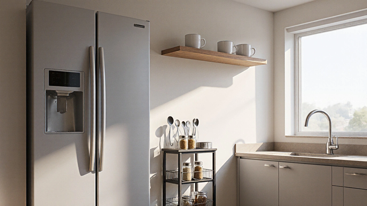 Slim rolling cart in kitchen gap with magnetic spice jars attached to the fridge.