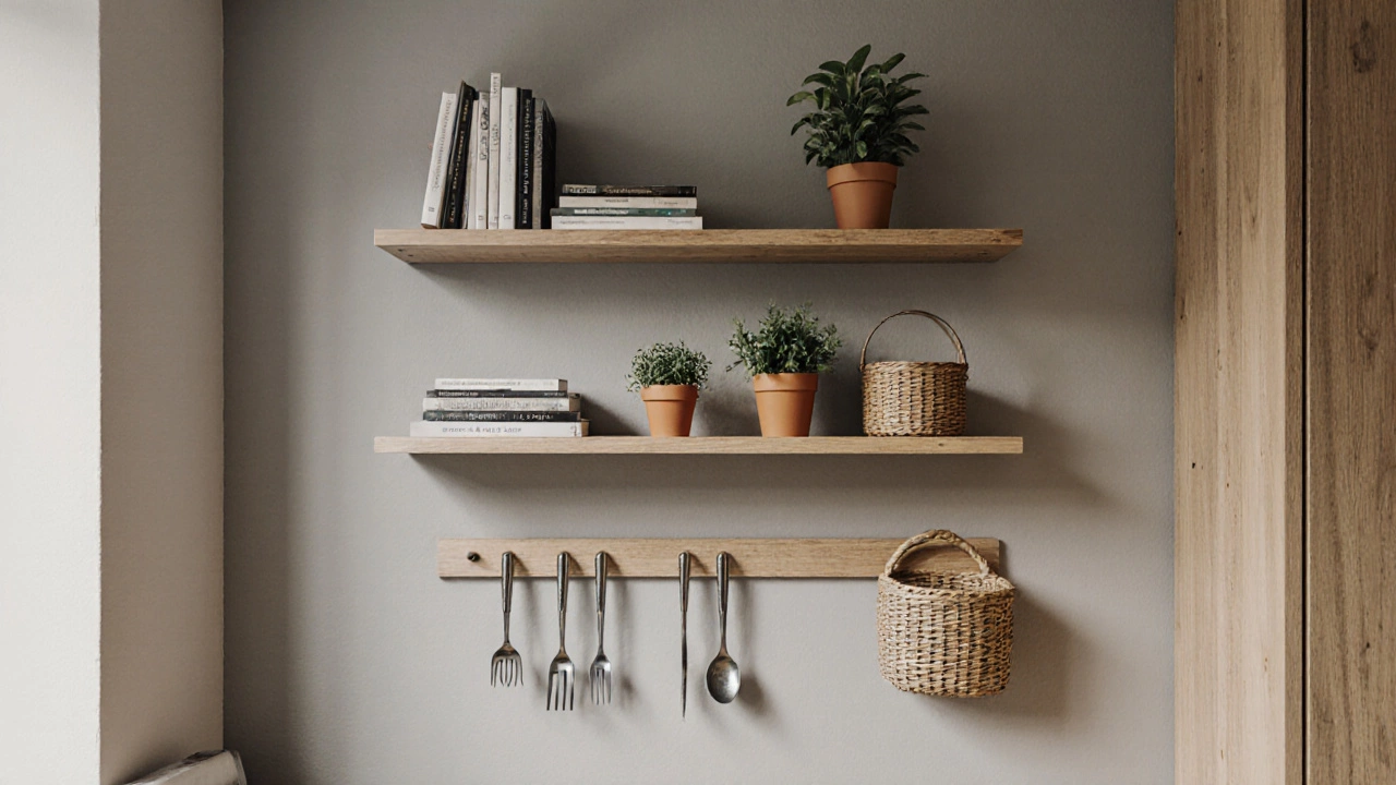 Vertical wall with floating shelves and magnetic utensil strip in a small space