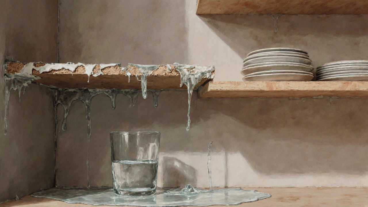 Water-damaged MDF shelf next to a secure plywood shelf in a kitchen environment.