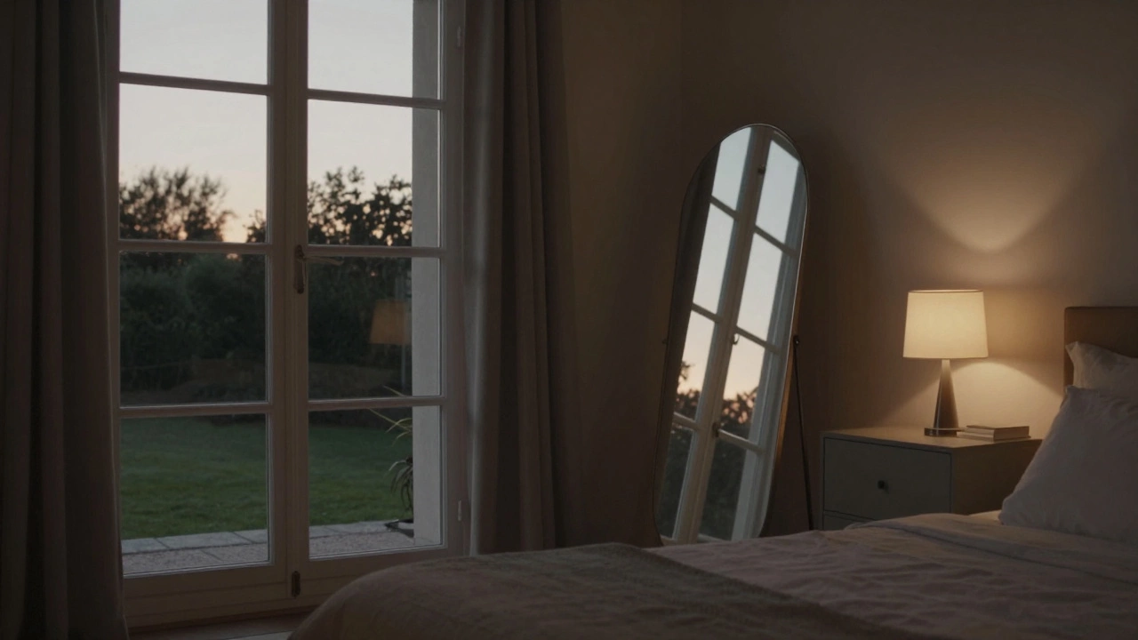 A bedroom mirror angled away from the door, reflecting warm lamplight instead of dark outdoor silhouettes.