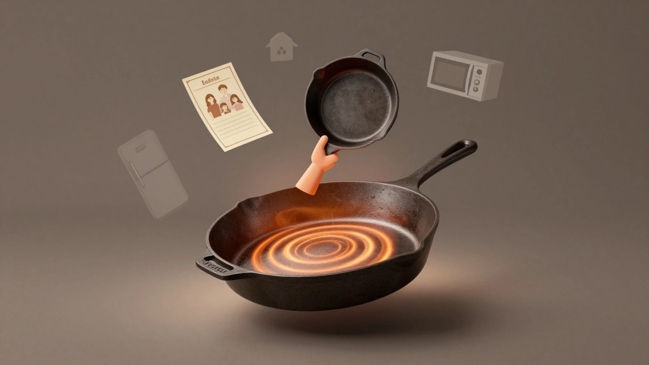 A cast iron skillet floating with symbols of legacy, heat, and time around it.