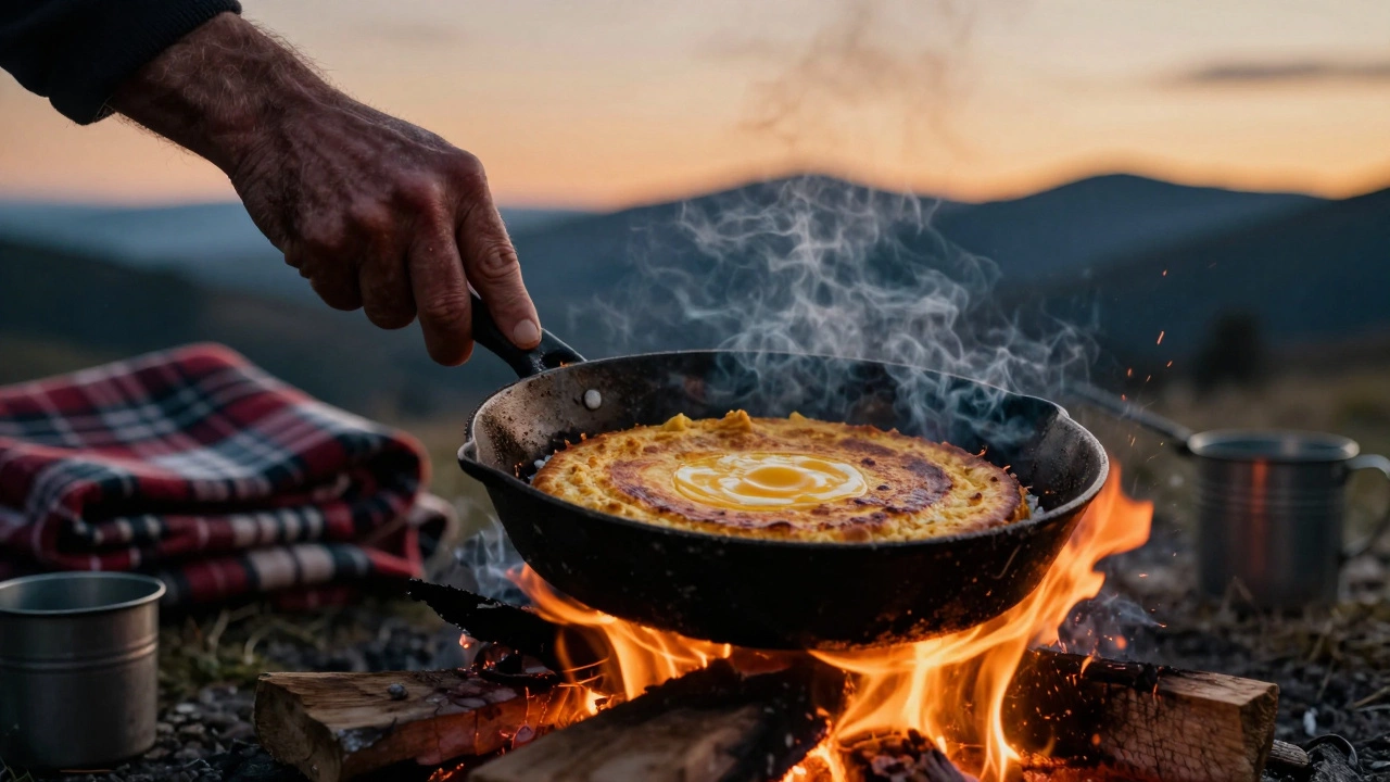 A hand flipping cornbread in a cast iron skillet over a campfire at dusk.