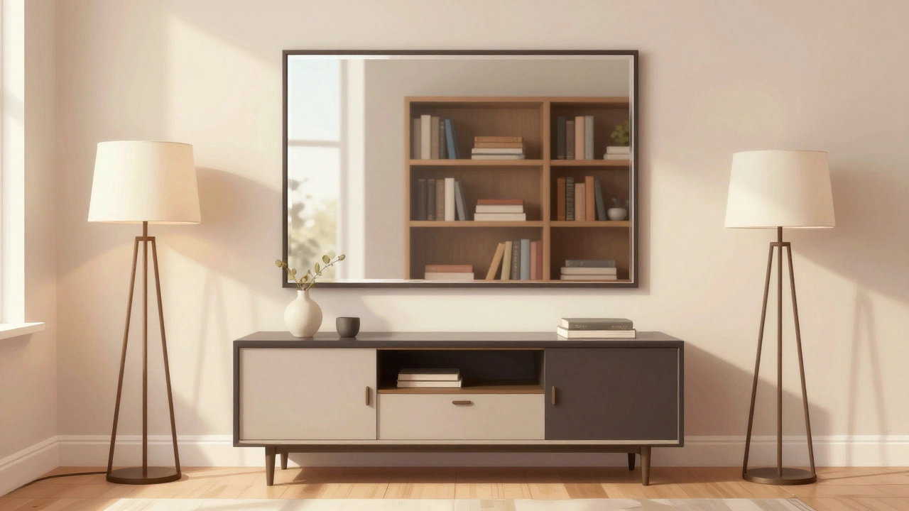 A living room mirror at eye level reflecting a balanced arrangement of books and daylight, creating visual harmony.