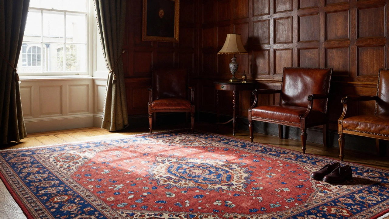 A richly colored Persian rug in a historic Oxford room with wood paneling and soft daylight.