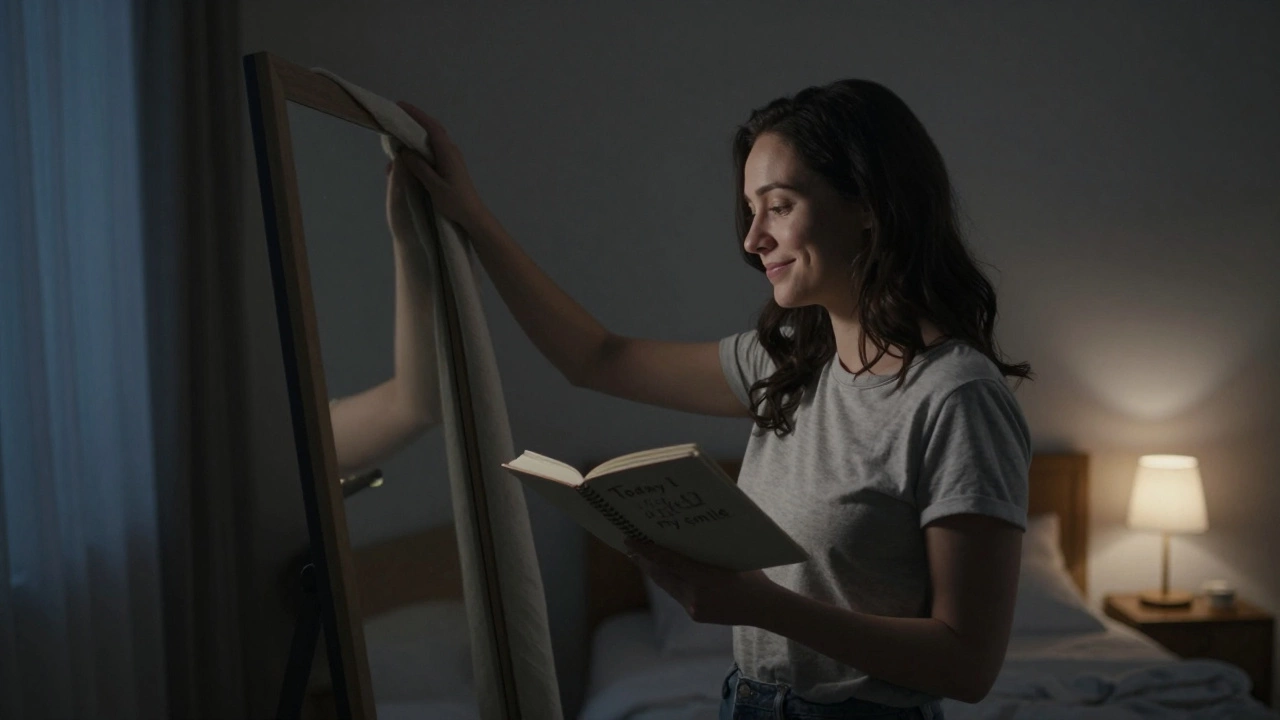 A woman covering a mirror with cloth while writing in a journal by moonlight.