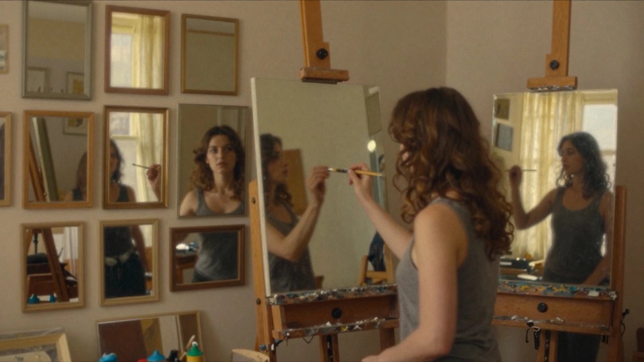 An artist surrounded by multiple mirrors reflecting herself as she paints, lost in self-image.