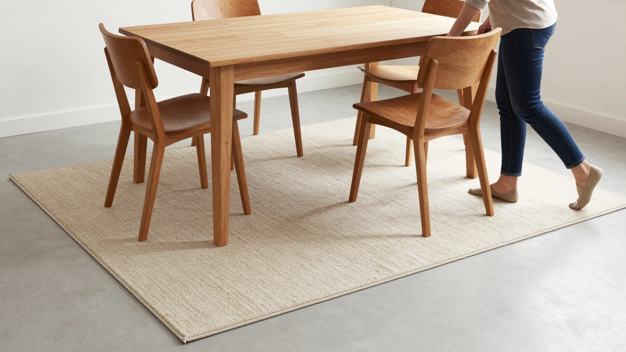 Dining room with table and all four chairs fully on a rectangular rug, chair pulled out showing full coverage.