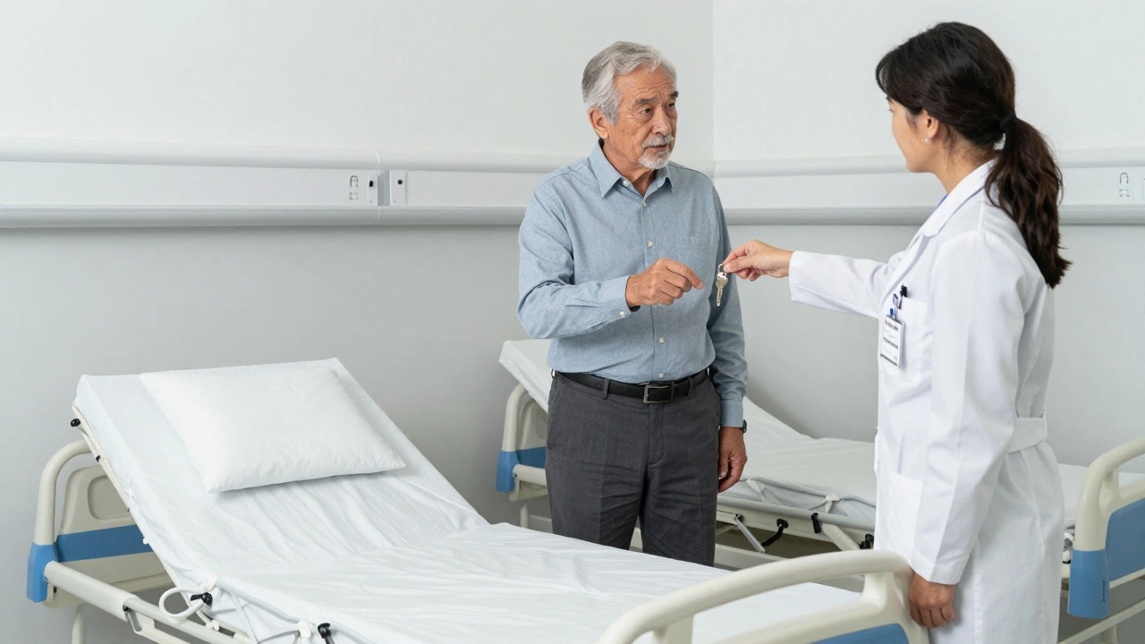 Medicare-approved DME supplier handing keys for an adjustable bed to a senior patient.