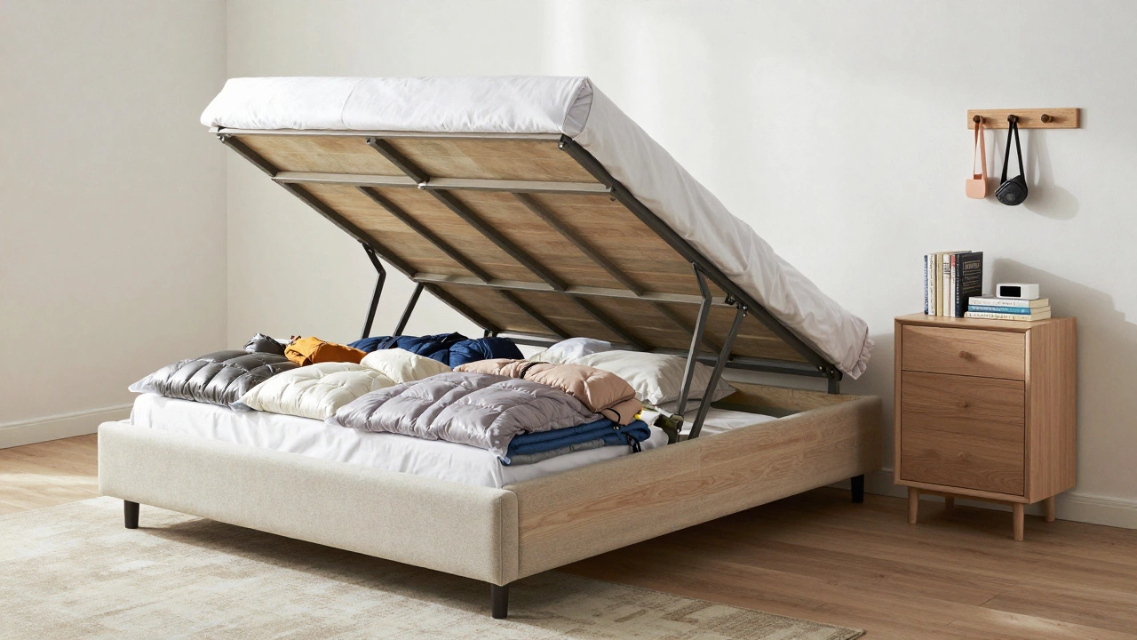 Ottoman bed open to reveal stored winter gear, with a storage console table nearby in a minimalist room.
