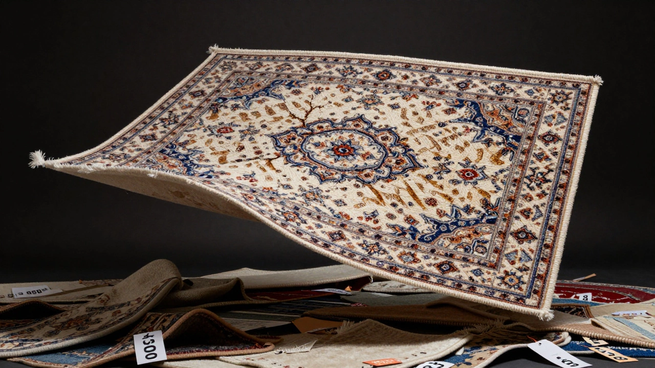 Overhead view of a luxury rug&#039;s hand-knotted back with natural dyes, above discarded synthetic rugs.