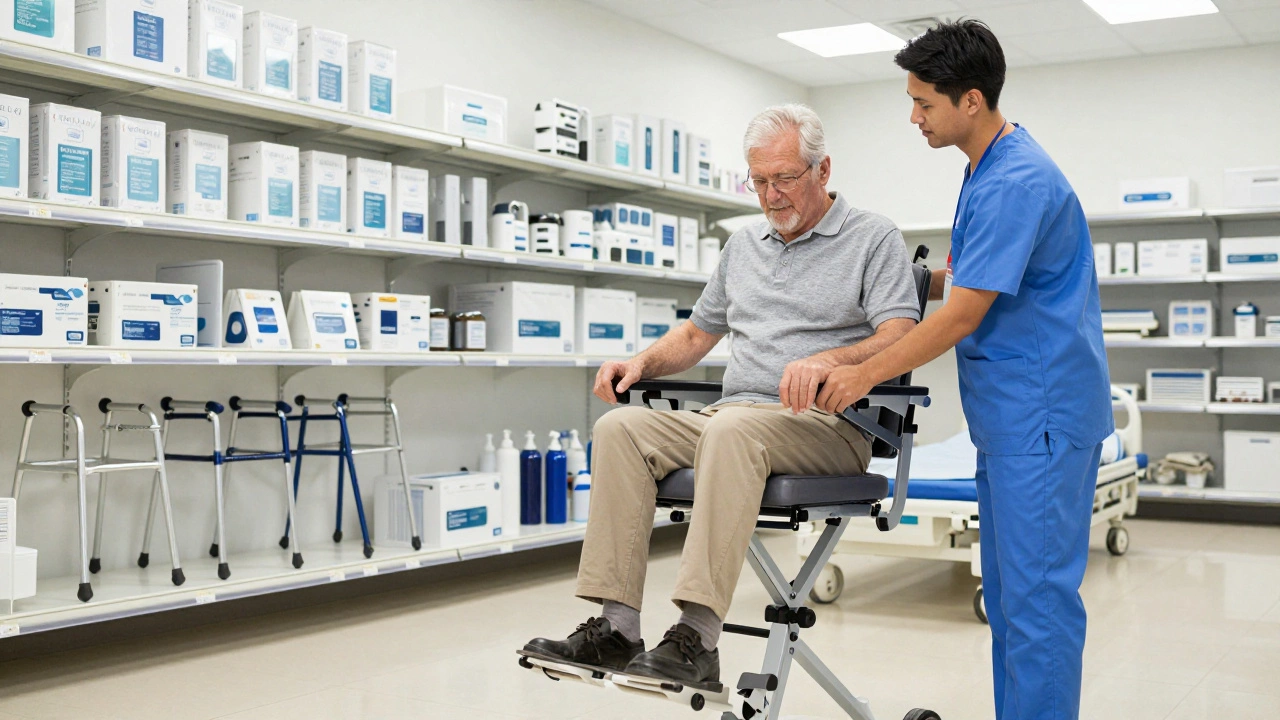 Senior being helped to inspect a Medicare-approved lift recliner in a medical supply store.