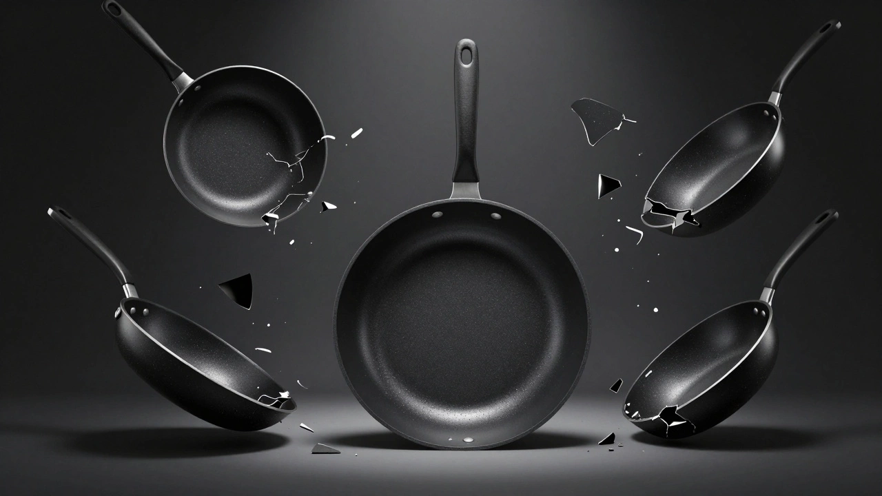 Single durable ScanPan dominates as cheap pans disintegrate around it in symbolic contrast.