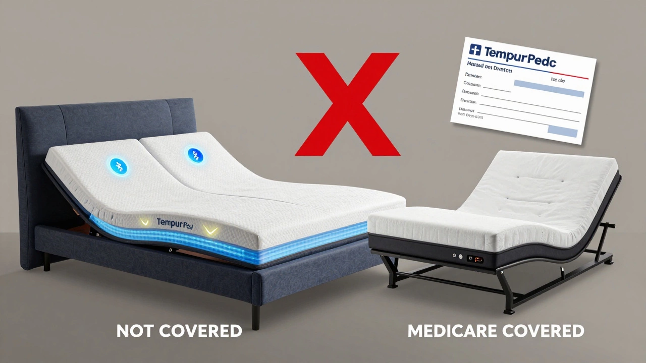 Split image: luxury bed with &#039;NOT COVERED&#039; labels vs. medical bed with &#039;MEDICARE COVERED&#039; prescription.