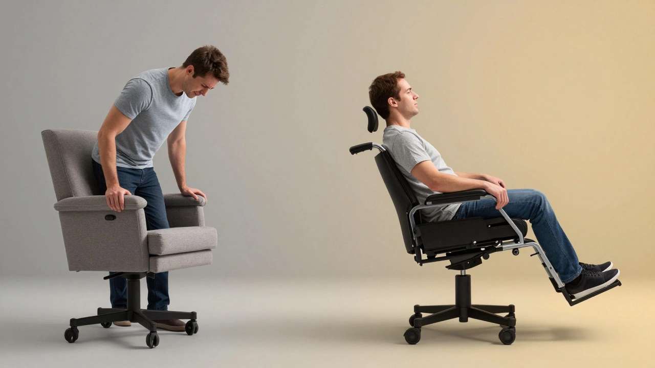 Split image: person struggling to stand vs. effortlessly rising from a lift recliner.