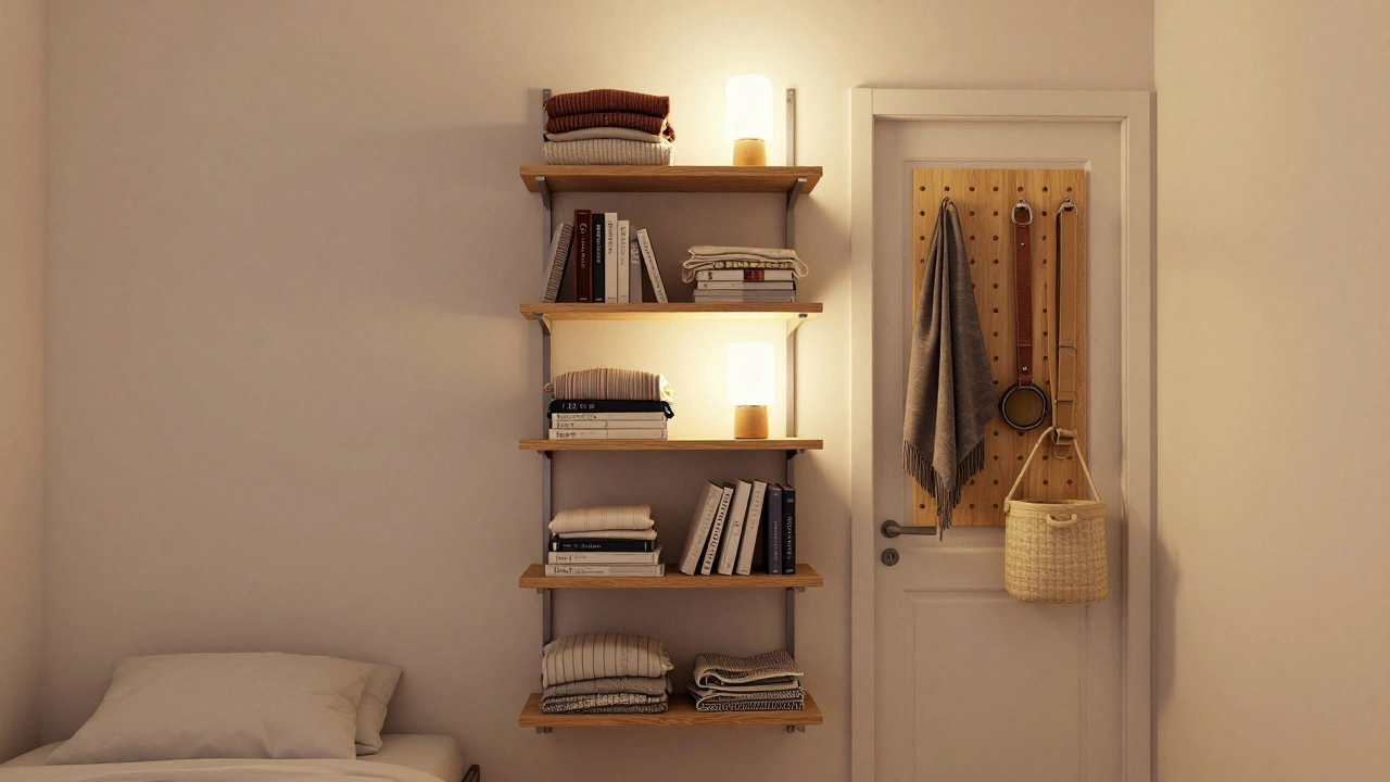 Vertical wall shelves and pegboard organizing clothes and accessories in a closet-free bedroom.