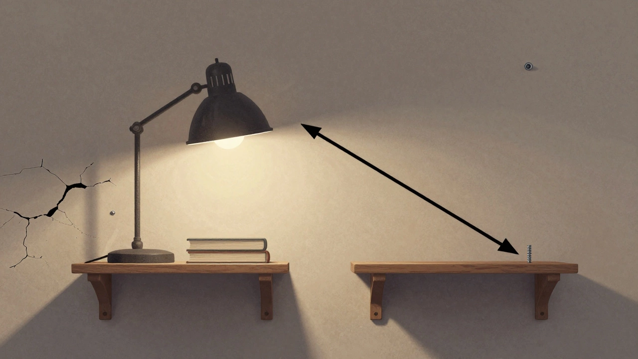A 12-inch shelf bending under weight compared to a level 8-inch shelf, illustrating leverage and wall stress.