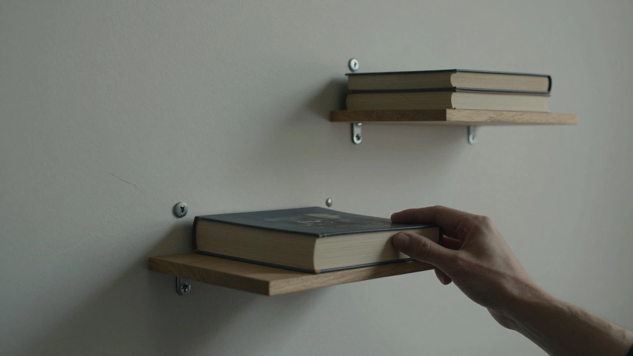A heavy book placed on a drywall-anchored shelf versus a stud-mounted one, showing structural failure vs. stability.