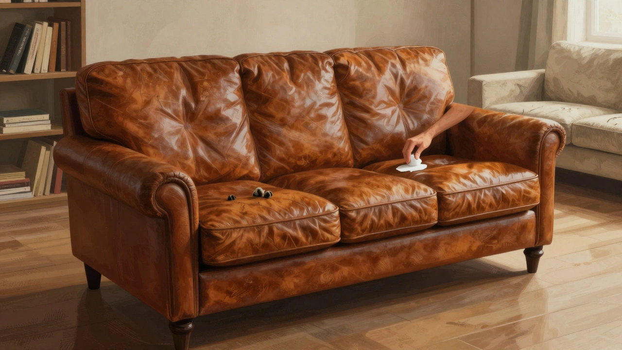 A well-aged leather sofa with patina, showing years of use in a quiet living space.