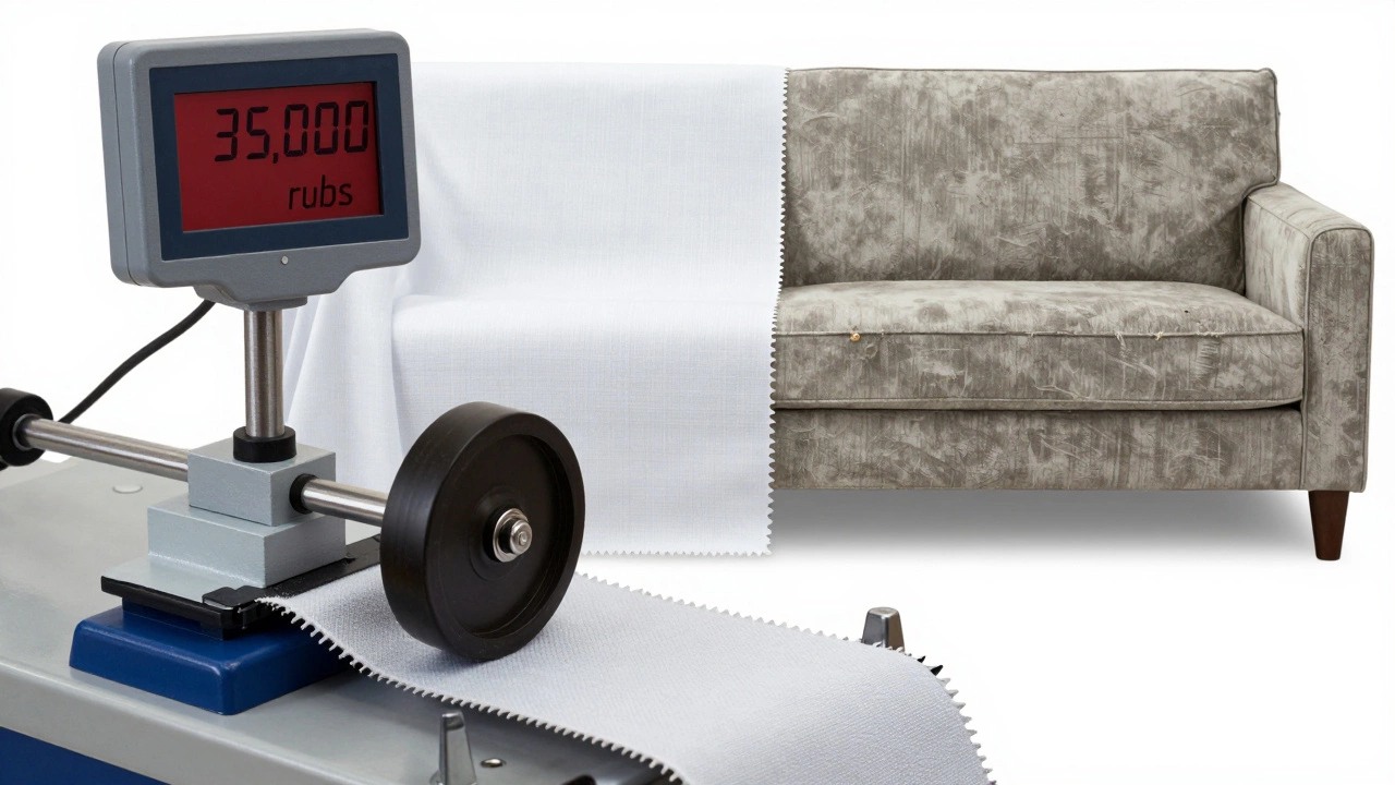 Close-up of a fabric undergoing abrasion testing with a high durability rating displayed.