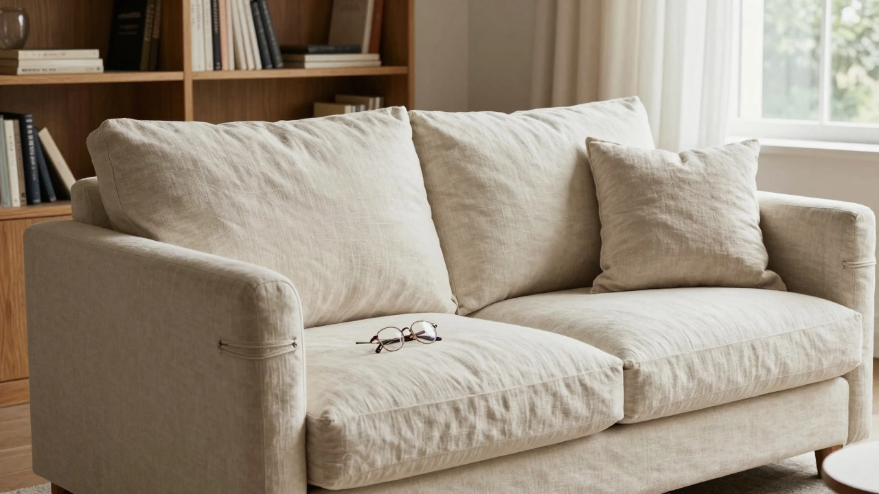 Elegant linen sofa in a quiet study with natural light, solid oak frame, and reading glasses on the arm.