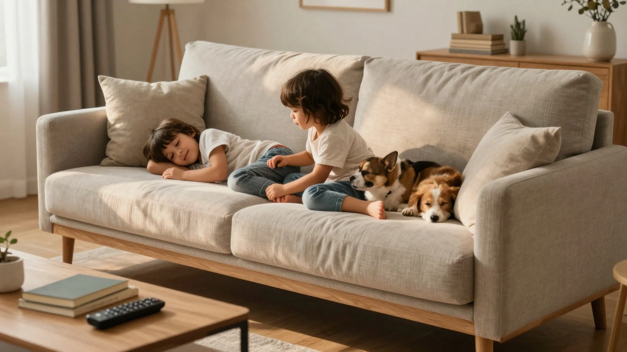 Family-friendly sofa with children and pet, showing durability and comfort in a cozy living room.