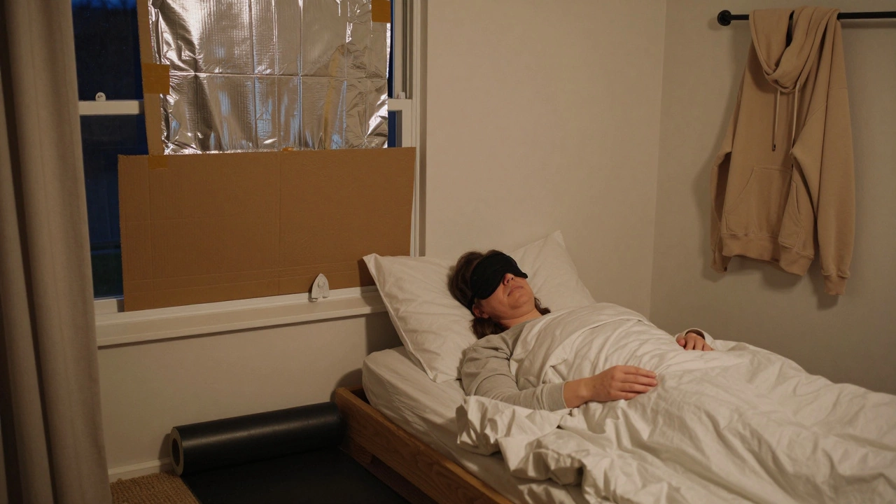 Person sleeping with mask, surrounded by DIY light-blocking solutions like foil-covered cardboard and blackout film.