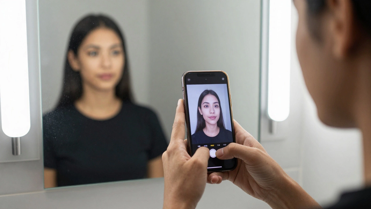 Someone holding a phone showing a daylight photo, while a professional mirror reflects their true appearance behind them.