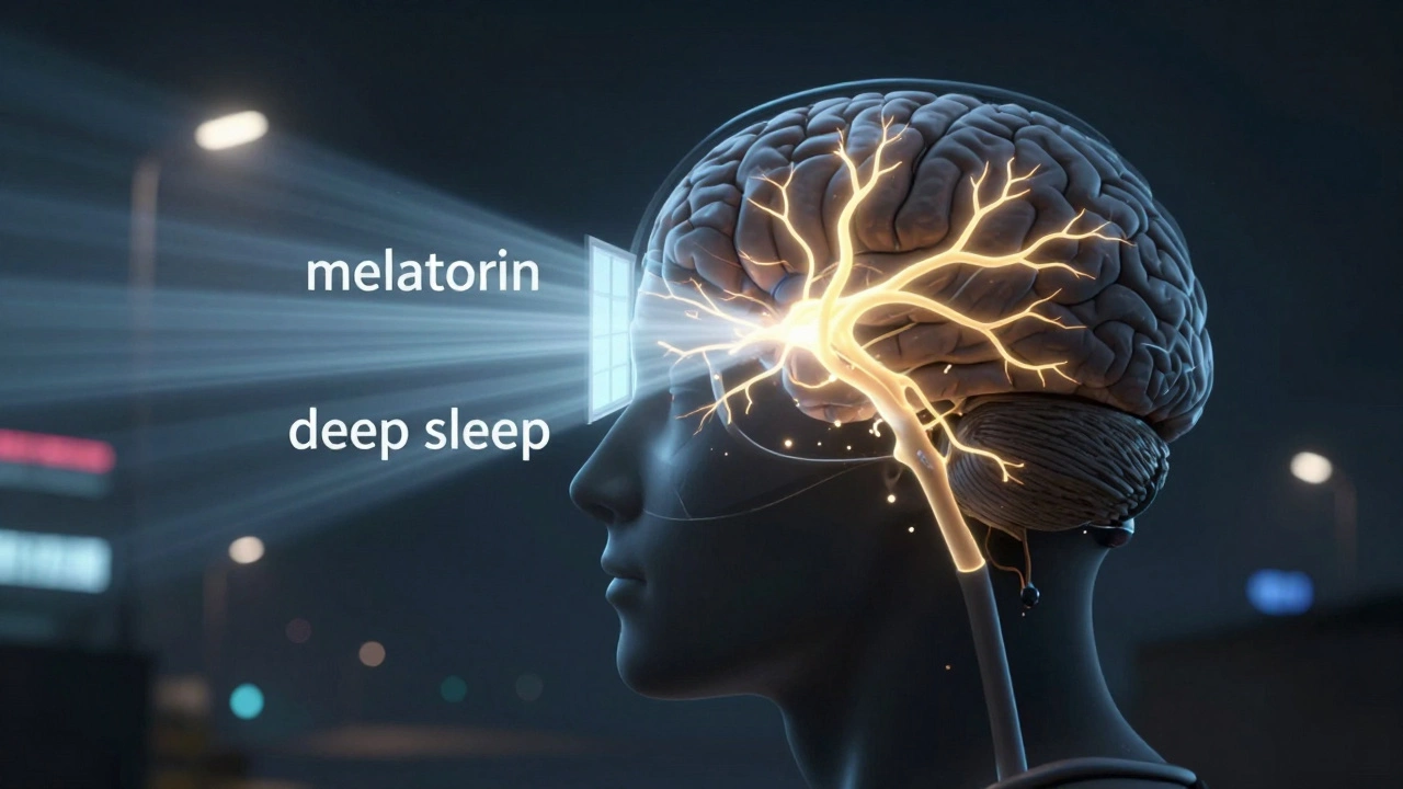Surreal brain illustration with light rays disrupting sleep signals, surrounded by urban night lights.