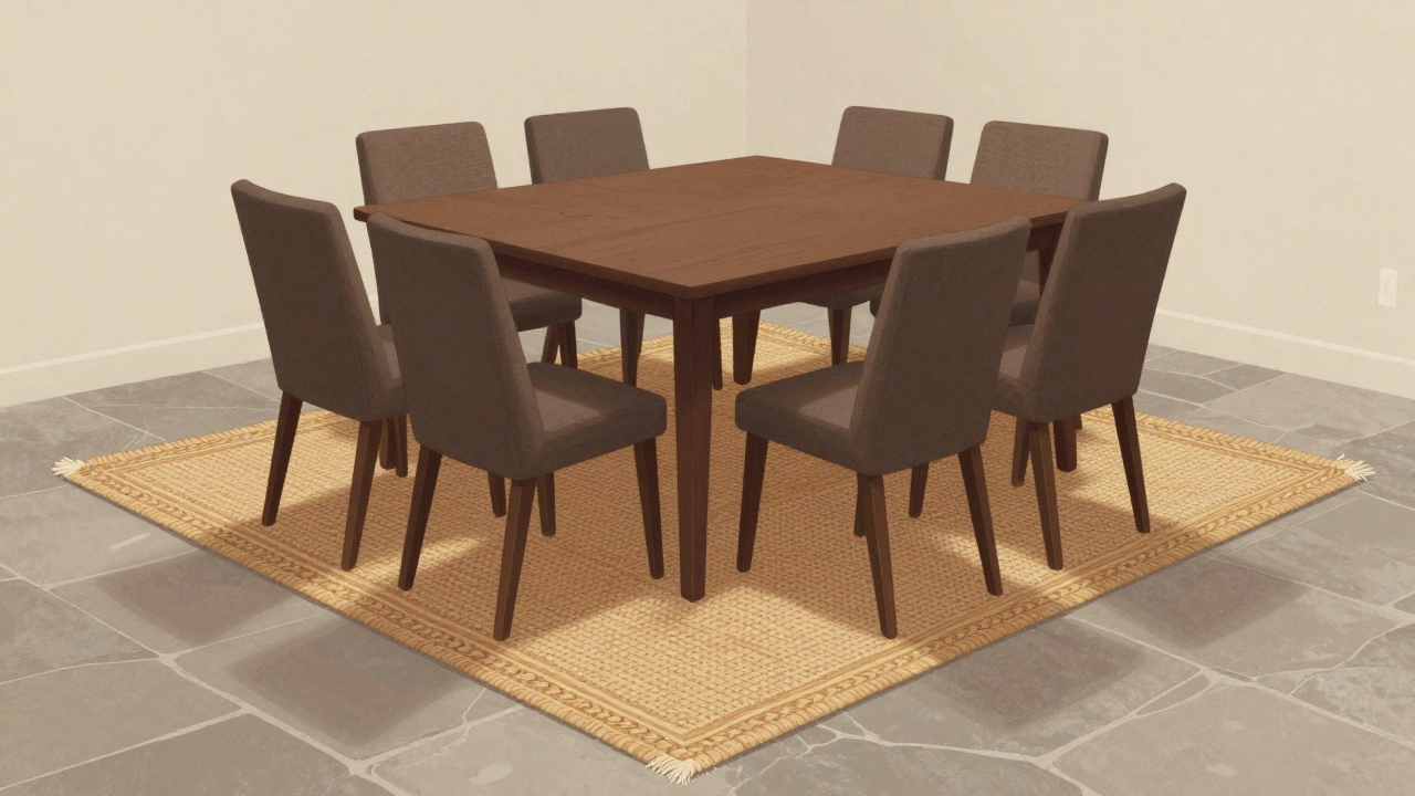 A dining room rug large enough to fit all chair legs when pulled out, beneath a six-seat table.