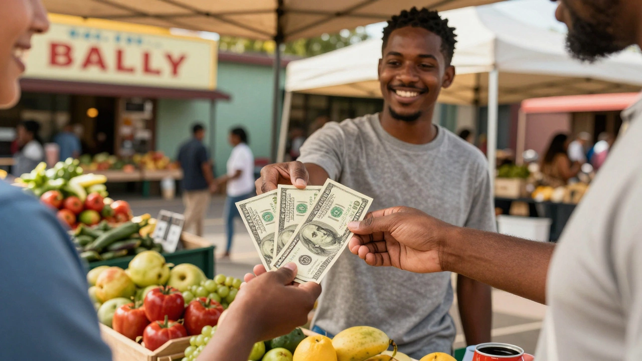 A street vendor in the American South accepting three 0 bills from a customer, sunlight glowing.