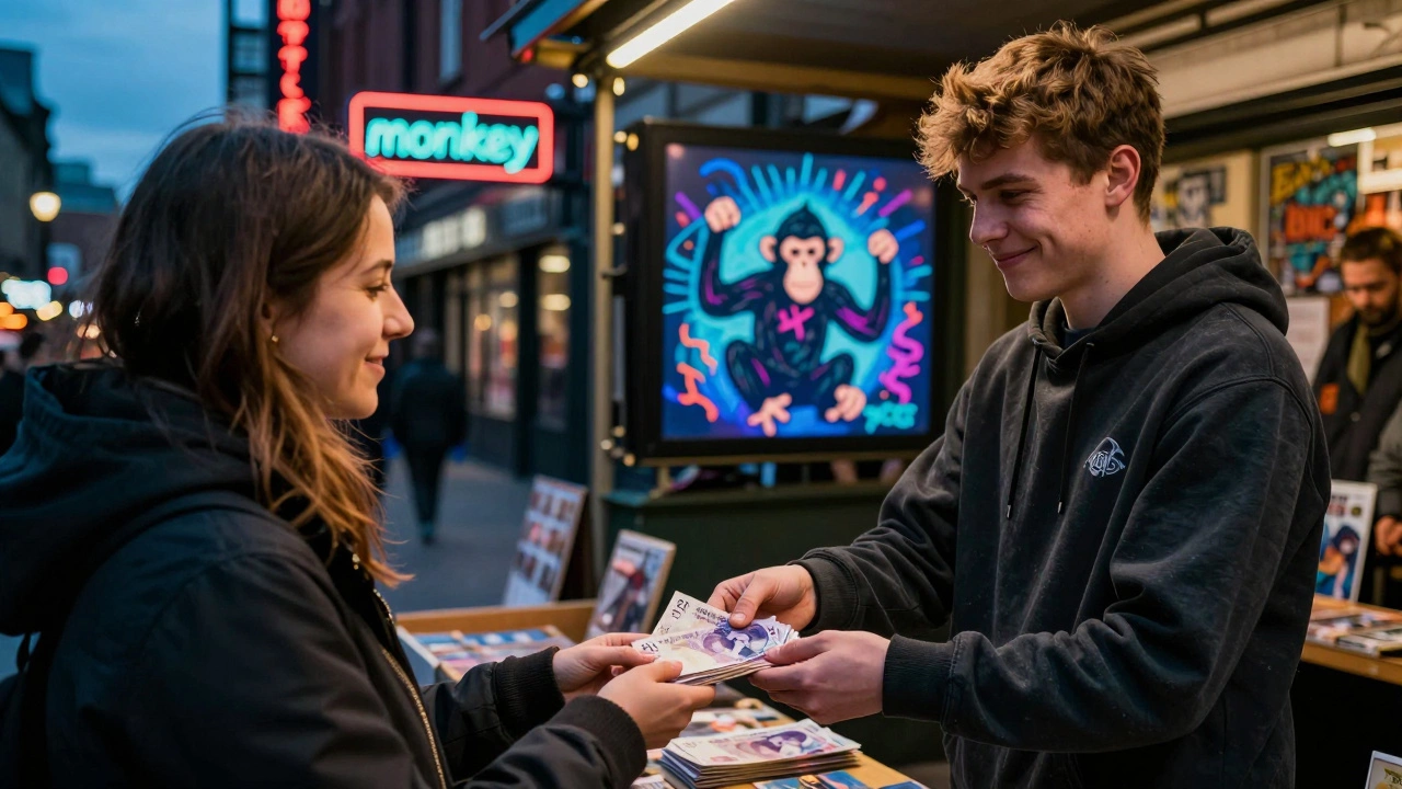 A young vendor in a Manchester market accepting £50 notes while a customer says 'monkey' with a grin.