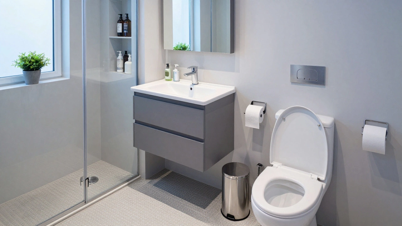 Bathroom with recessed shower niche, vanity with mirror front, trash can, and toilet paper holder.