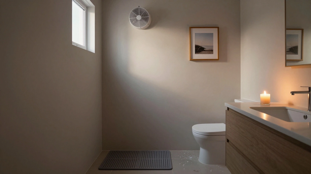 Calm bathroom at dawn with exhaust fan, non-slip mat, framed photo, and glowing candle.