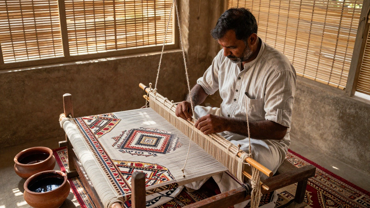 Master weaver at work on a traditional loom, tying wool strands by hand.