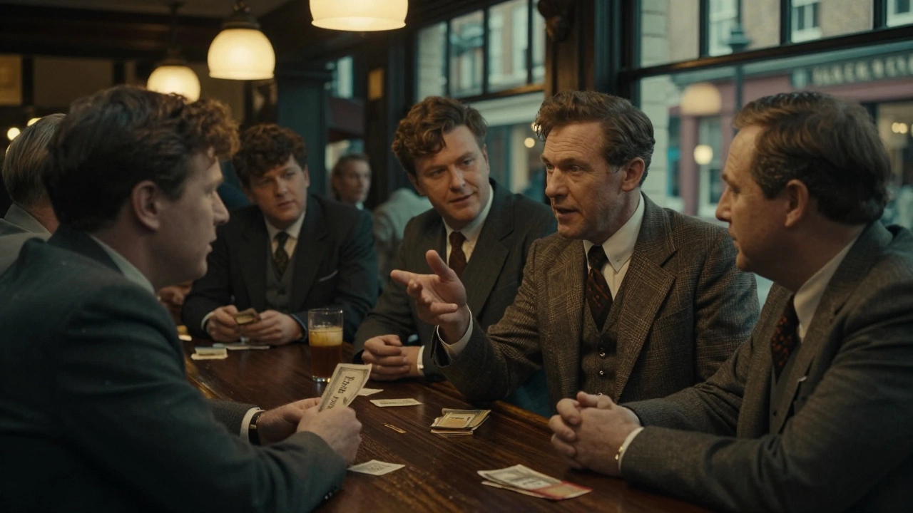 People in a London pub exchanging cash, one man gesturing as he says 'monkey' with a knowing smile.