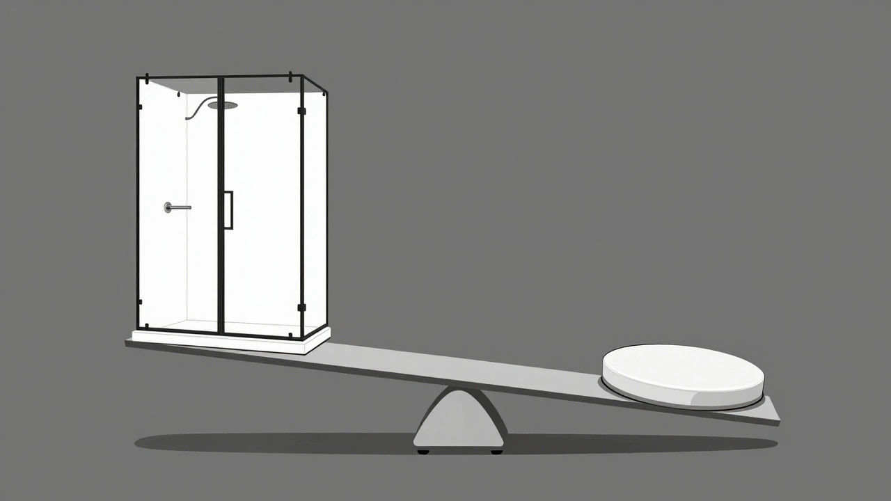 Scale balancing construction materials against a cushioned shower seat.
