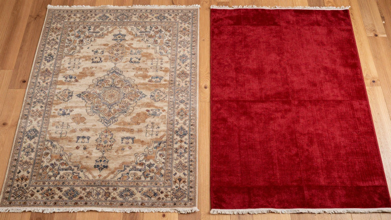 Side-by-side comparison of an aged handmade rug and a cheap synthetic rug.