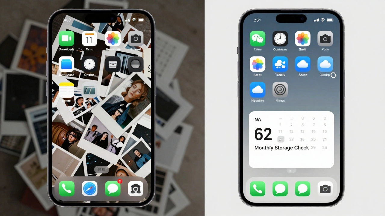 Split-screen comparison of cluttered phone storage versus cleaned-up phone with calendar reminder.