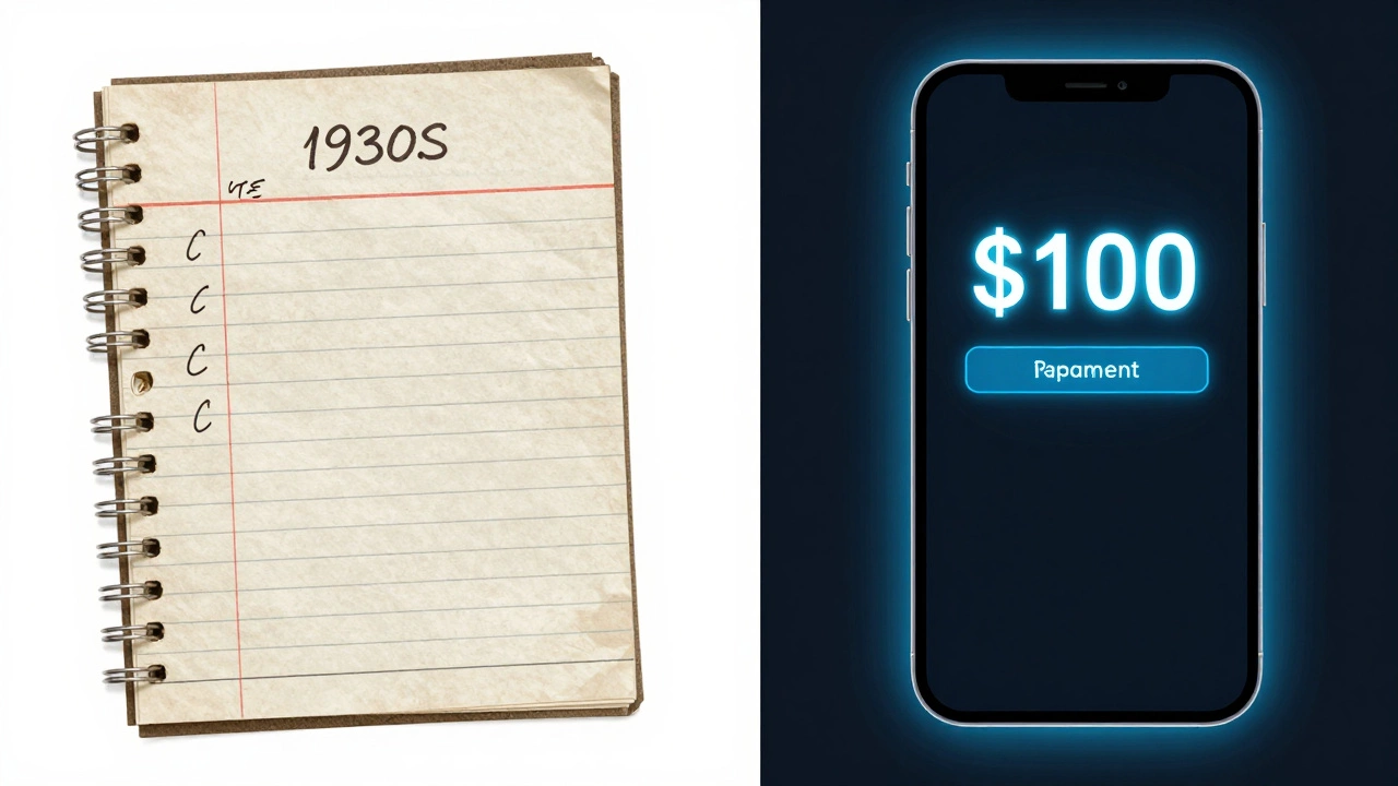 Split-screen: vintage ledger with 'C' marks beside a digital 0 payment on a smartphone.
