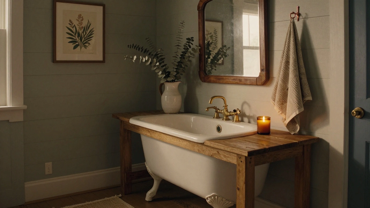 A clawfoot tub used as a washbasin with vintage mirror, dried eucalyptus, and amber candle in a warm, serene bathroom.