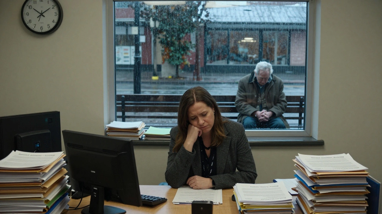 A social worker at a cluttered council desk, surrounded by pending dementia assessment files, as an elderly man waits outside in the rain.