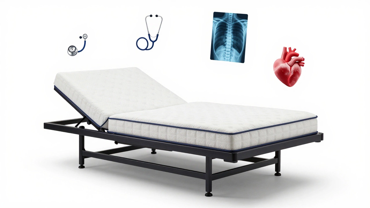 Adjustable bed base with medical icons showing spine, leg, and head alignment benefits.
