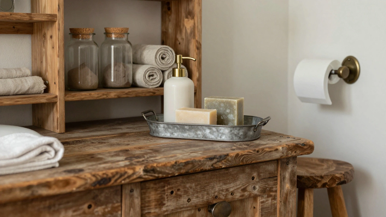 Close-up of a distressed wooden vanity with glass jars, galvanized tray, and linen towels in a rustic bathroom setting.