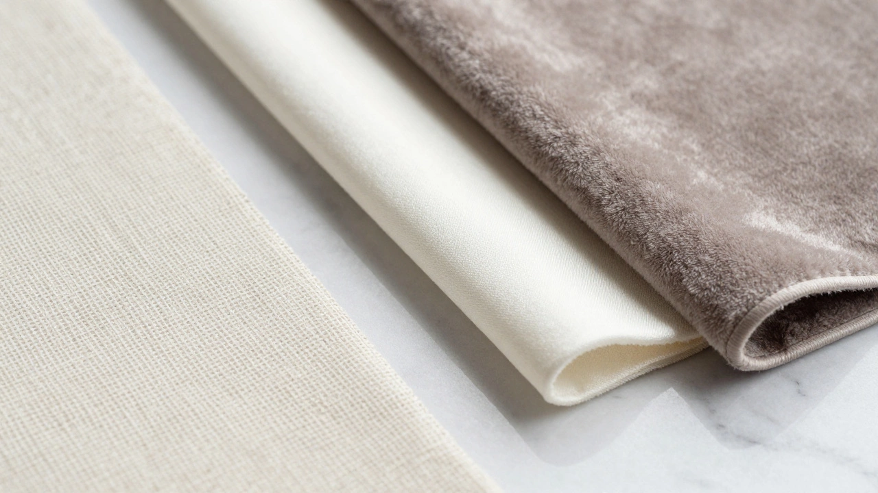 Close-up of neutral curtain fabric textures on a table